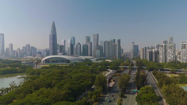 Aerial footage of Skyline of Houhai CBD buildings in Nanshan District, Shenzhen, China.