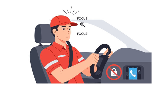 A delivery driver focuses on safe driving while maintaining road safety