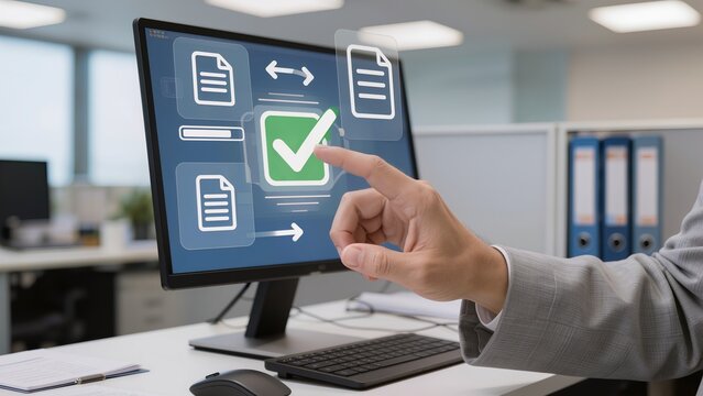 Business professional checking documents on computer screen in office during workday while managing tasks and ensuring accuracy