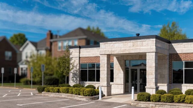Suburban credit union entrance highlighted in medium shot with clear directional signage ample handicapped parking spaces and manicured shrubs the surrounding neighborhood faded