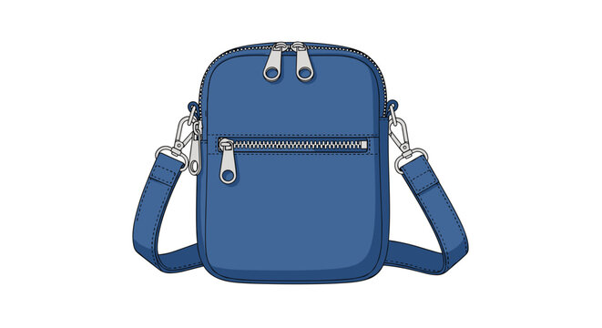 A compact blue crossbody bag with multiple silver zippers and adjustable straps is displayed on a white background.