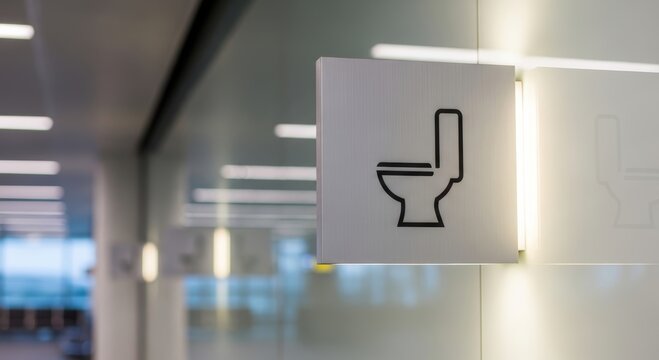Restroom sign on glass office wall. Metallic toilet icon as indicator for public bathroom or washroom location. Modern facility signage for navigation in airport or corporate building.