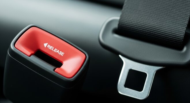 Seatbelt buckle with red release button. Safety belt system in vehicle interior. Automobile passenger protection equipment for travel security, road safety and traffic regulation concept.