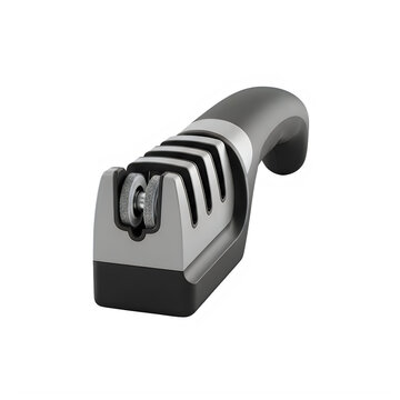 Isolated Stainless steel knife sharpener with three sharpening slots on a plain white background for kitchen use.