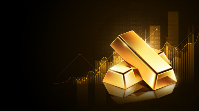 Gold bars with financial upward graph background and copy space. Global wealth, investment growth, and rising gold market price concept, vector illustration	