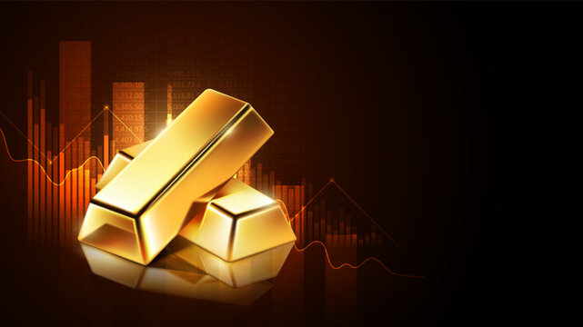 Gold bars with falling stock market chart and copy space, representing decreasing gold price and economic downturn, vector illustration