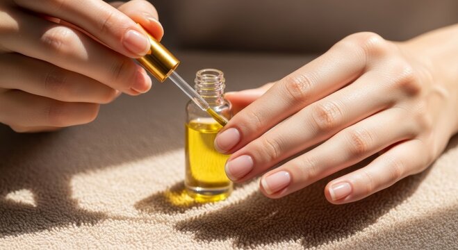 Woman applying cuticle oil to fingernails with pipette. Beauty treatment for nail care and finger health. Routine skincare cosmetic procedure at home. Natural organic nail nutrition.