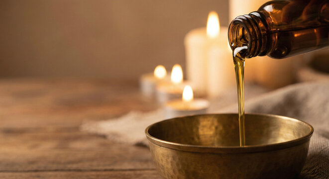 Golden anointing holy oil pouring from an amber glass bottle into a brass bowl with lit candles on a rustic wooden table