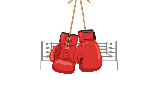 A pair of red boxing gloves hangs from ropes in front of an outlined boxing ring on a white background.