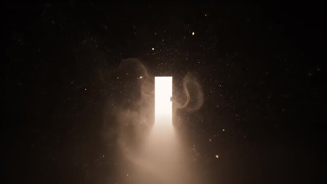 Mysterious Glowing Rectangular Doorway in Dark Abyss with Floating Particles and Subtle Light Rays