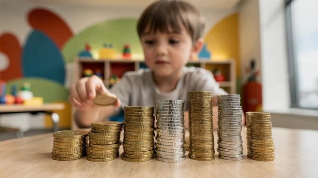 Medium shot of a kid exploring a bank branch youth section focusing on stacks of coins and colorful visuals blurred in the background.