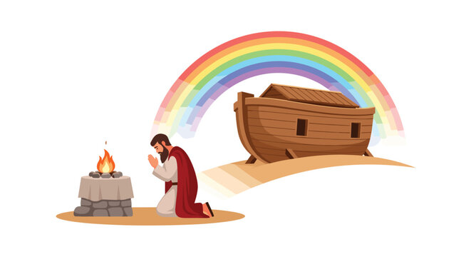 A robed man kneels in prayer before a burning altar, with Noah's Ark and a rainbow in the sandy background.