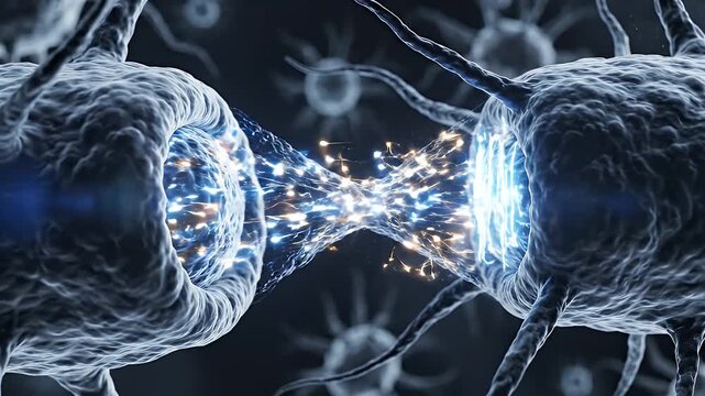 Neural Network Synapse Transmission Electrical Impulse Signal between Neurons Close-up Dark Background Scientific Animation