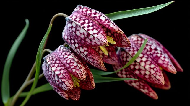 Close-up of checkered purple fritillaria flower with green leaves