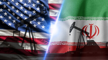 Oil Pump Jacks Overlaid with United States and Iran Flags Symbolizing Energy Tension