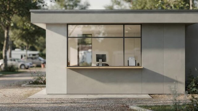 Campground reception building with modern architectural design sharp focus on the checkin window and signage soft blurred trees and parked cars behind.
