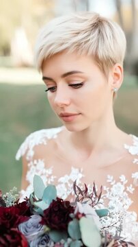 Young caucasian female adult with short blonde pixie haircut holding deep burgundy floral bouquet bridal lace dress outdoor soft light portrait