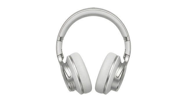 Silver headphones on white background for music and audio use