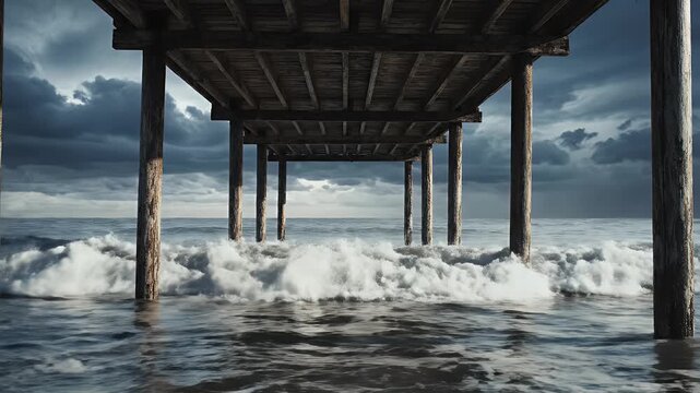 Ocean waves crashing against wooden pier stilts under stormy grey skies a coastal house is near the shore