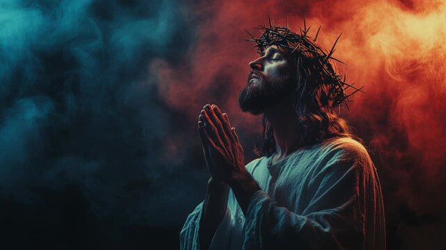 Praying middle eastern man with crown of thorns, bloodied hands, ash and smoke, cinematic chiaroscuro, sorrowful expression, close-up profile, textured skin,