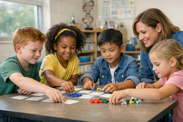Obraz premium Children Sorting Trait Tokens in Genetics Classroom Activity
