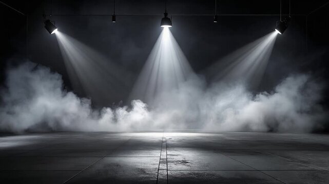 Theatrical stage floor covered with smoke under bright lights forming dramatic abstract performance environment