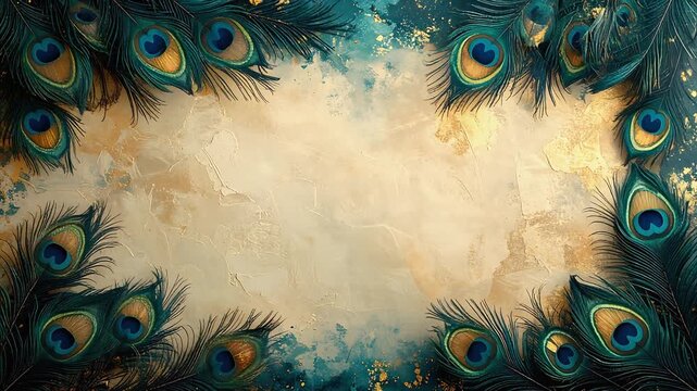 Decorative peacock feather pattern forming elegant artistic background with rich colors and texture