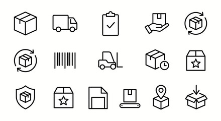 Fototapeta premium Route web icons in line style. Logistics, package delivery, and supply chain collection. Ultra-minimalist symbols for shipping apps, tracking dashboards, and delivery services. Clean black and white v