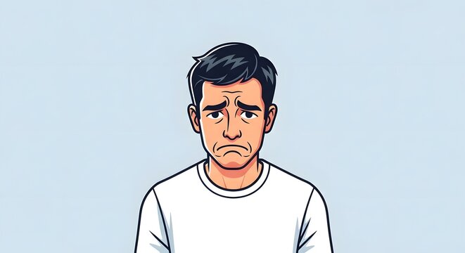 Anxious young man cartoon illustration depicting feelings of sadness, worry, and emotional distress, ideal for conveying mental health themes or difficult situations