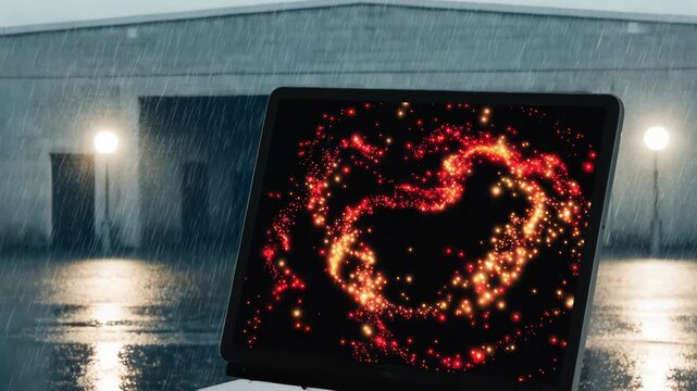 Focused tablet screen showing abnormal temperature alerts with a warehouses exterior out of focus emphasizing IoTdriven environmental monitoring for property protection.