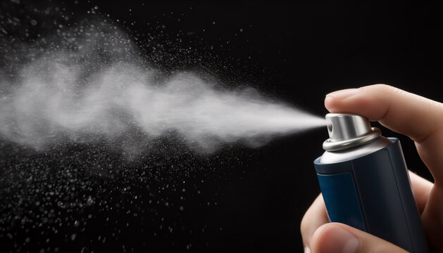 Hand holding a blue aerosol can and spraying a fine white mist of hairspray or deodorant against a solid dark background for cosmetic or hygiene product presentation