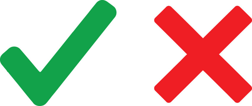A green check mark and a red cross symbol representing a choice between right and wrong options Vector
