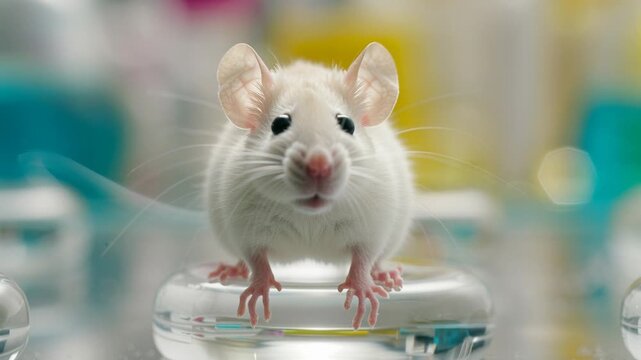 white mouse on glossy surface exploring lab bench, delicate whiskers twitching while nibbling and sniffing, soft fur backlit by warm bokeh lights, shallow depth