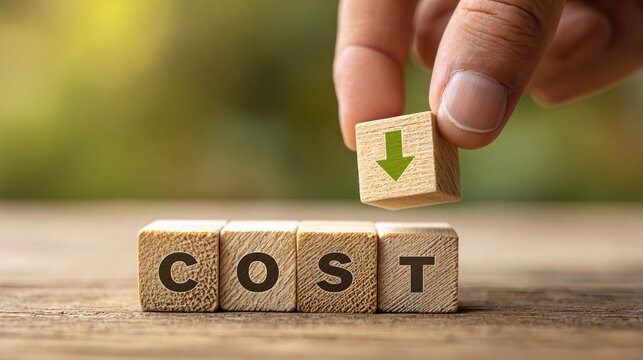 Hand placing wooden block with arrow above cost text symbolizing cost reduction