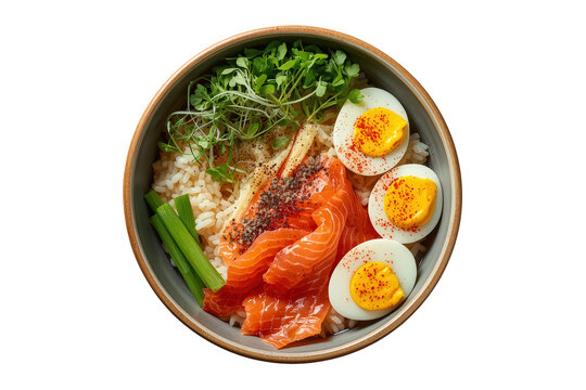 Healthy salmon poke bowl with brown rice, sliced eggs, fresh microgreens, and scallions for a nutritious meal