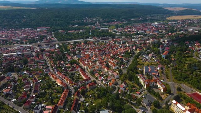 Aerial view beside the old town city and castle in Meiningen in Germany, Thuringia  on a sunny afternoon in spring. 