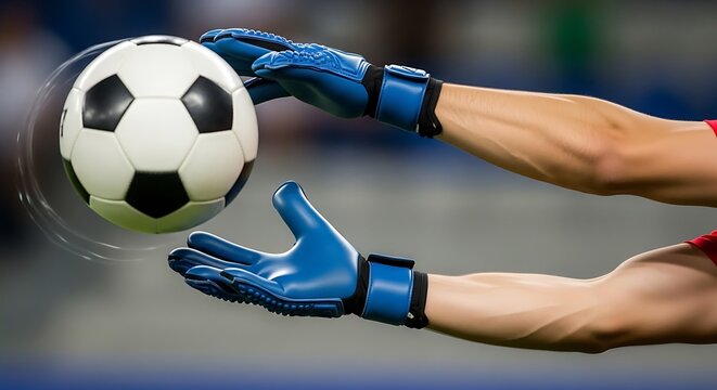 A soccer goalkeeper wearing blue gloves catches a ball in mid-air during a game American usa soccer goalkeeper in Dramatic multi-sensory texture in 2026 soccer world championship