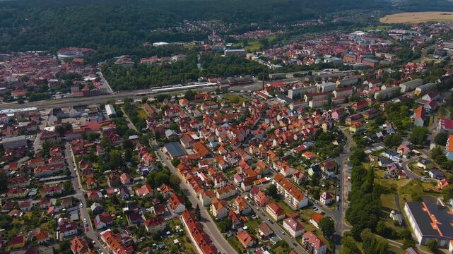 Aerial view beside the old town city and castle in Meiningen in Germany, Thuringia  on a sunny afternoon in spring. 