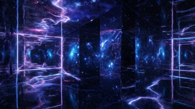 Futuristic neon-lit tunnel with glowing grid and lightning effects