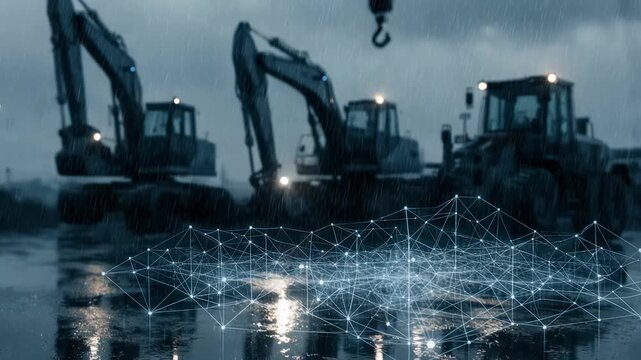 Screenfocused medium shot of tokenized equipment finance collateral on a desktop blockchain ledger visible with indistinct heavy machinery blurred behind.