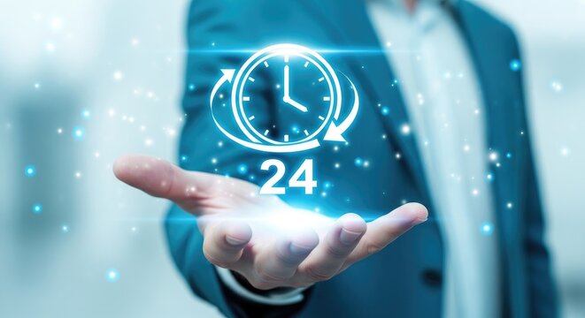 Businessman presenting a 24 hour clock concept with glowing digital interface