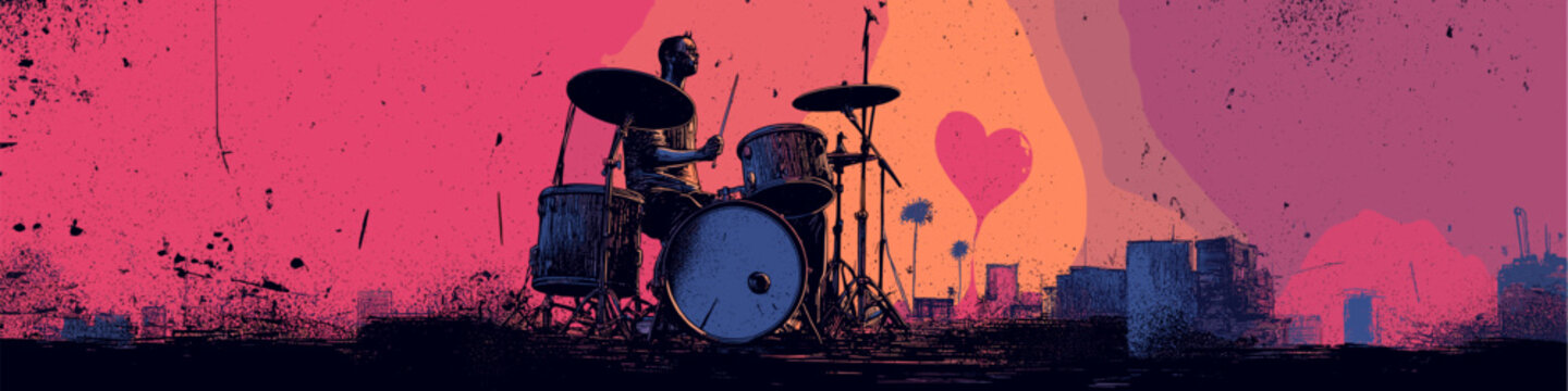 Drummer performing on a city rooftop at sunset, playing a song about love. Drummer playing love song on urban rooftop