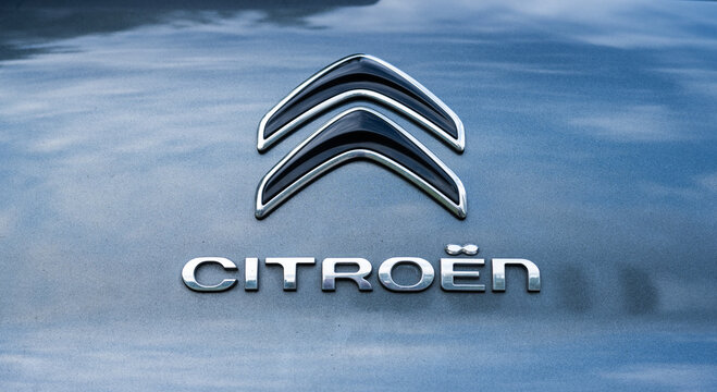 Gothenburg, Sweden - september 02 2023: Close up Citroen car logo on modern vehicle hood.