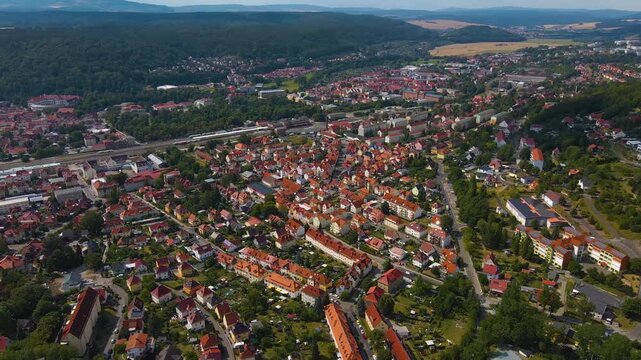 Aerial view beside the old town city and castle in Meiningen in Germany, Thuringia  on a sunny afternoon in spring. 