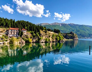 Fototapeta premium Tranquil lake scene reflecting buildings, trees, and distant mountains under a blue sky