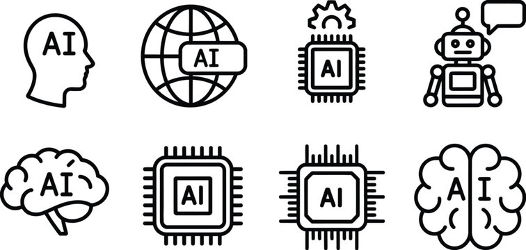 Vector line art illustration set featuring artificial intelligence concepts in silhouette mode including neural networks robotics machine learning data processing and digital technology symbols