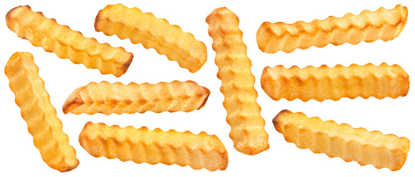Falling crinkle french fries isolated on white background, crunchy potato sticks, full depth of field
