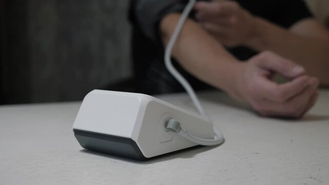 Medical device capturing accurate blood pressure in calm environment. Adult patient uses digital cuff to monitor blood pressure comfortably at home