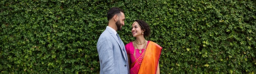 Fototapeta premium Adult male caucasian and adult female asian couple dressed elegant smiling at each other against green vine wall