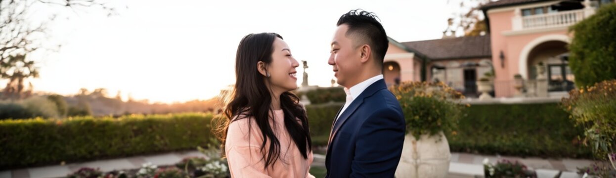 Smiling couple asian male adult and asian female adult face to face outdoors by villa at golden hour in loving gaze